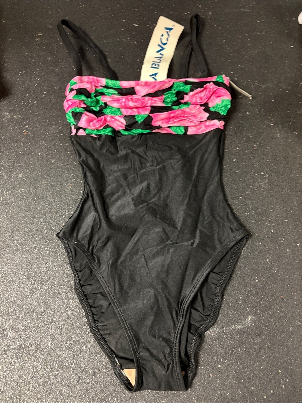 La Blanca 90s High Cut Black One-Piece Swimsuit with Pink and Green Floral Band